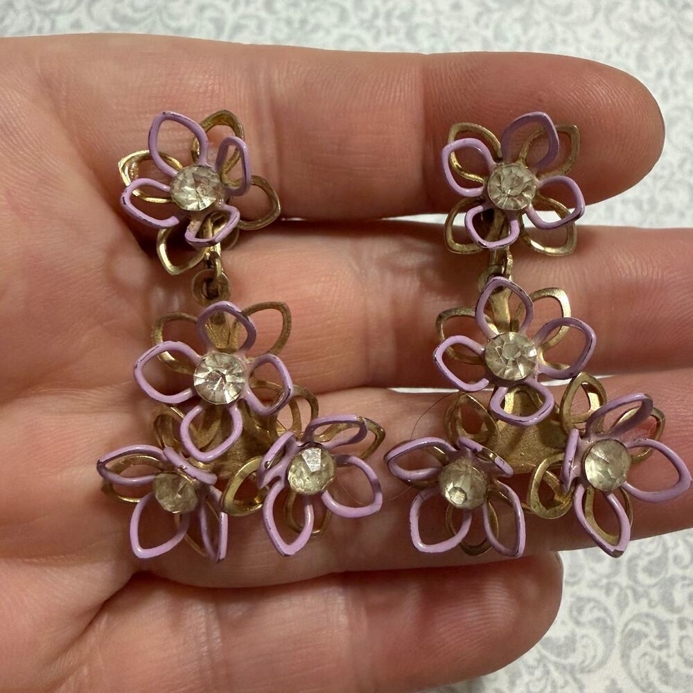 Vintage Lavender Floral Rhinestone Dangle Screw Back Earrings